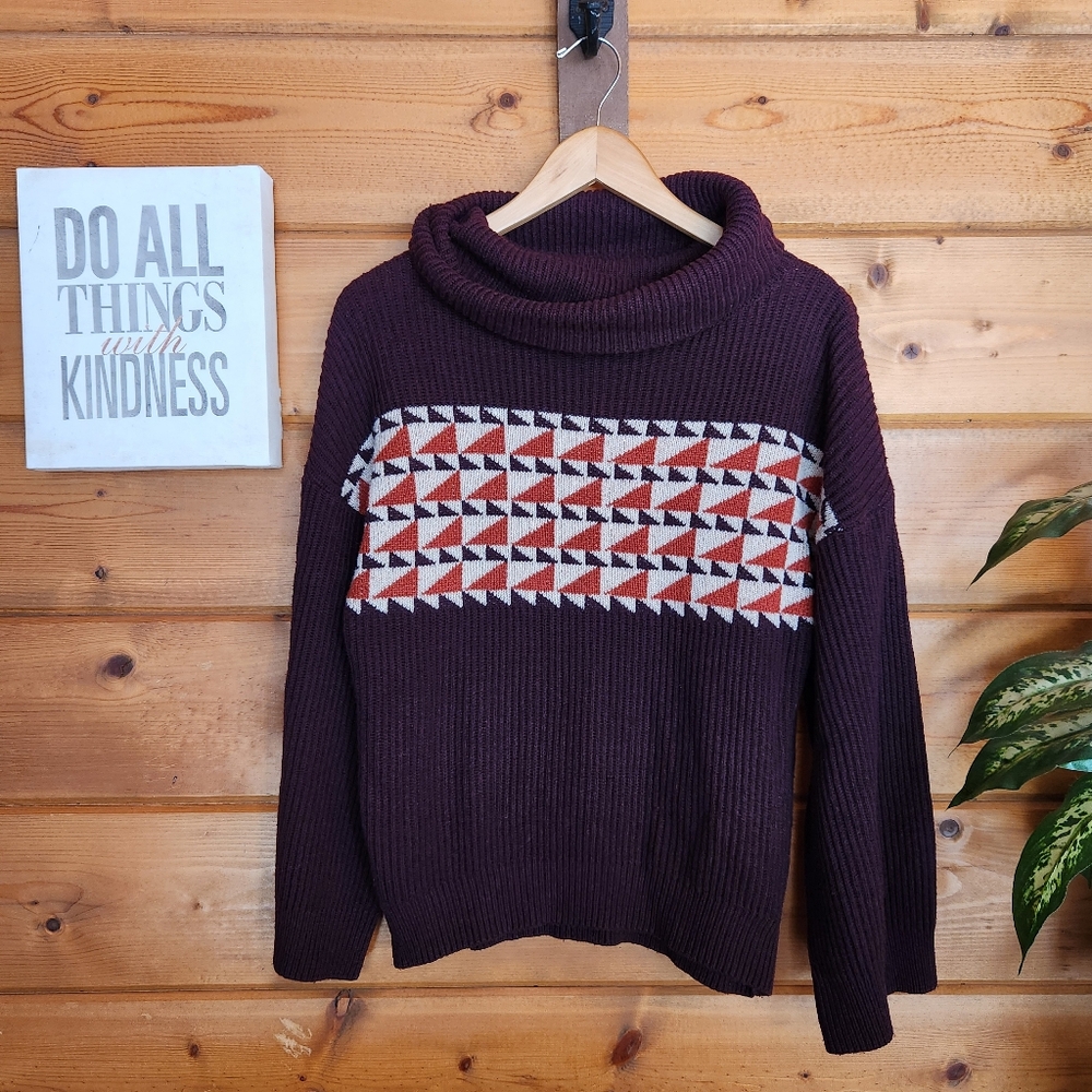 Charli Lisa Burgundy Jacquard Cowl Sweater Drop‎ Sleeve Ribbed Wool Blend Size S